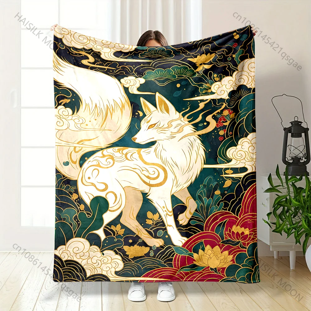 Golden fox spirit clouds lotus motifs Print Blanket Warm Soft Fluffy Kids and Adult Sofa Bed Throw Outdoor Travel Camping RV
