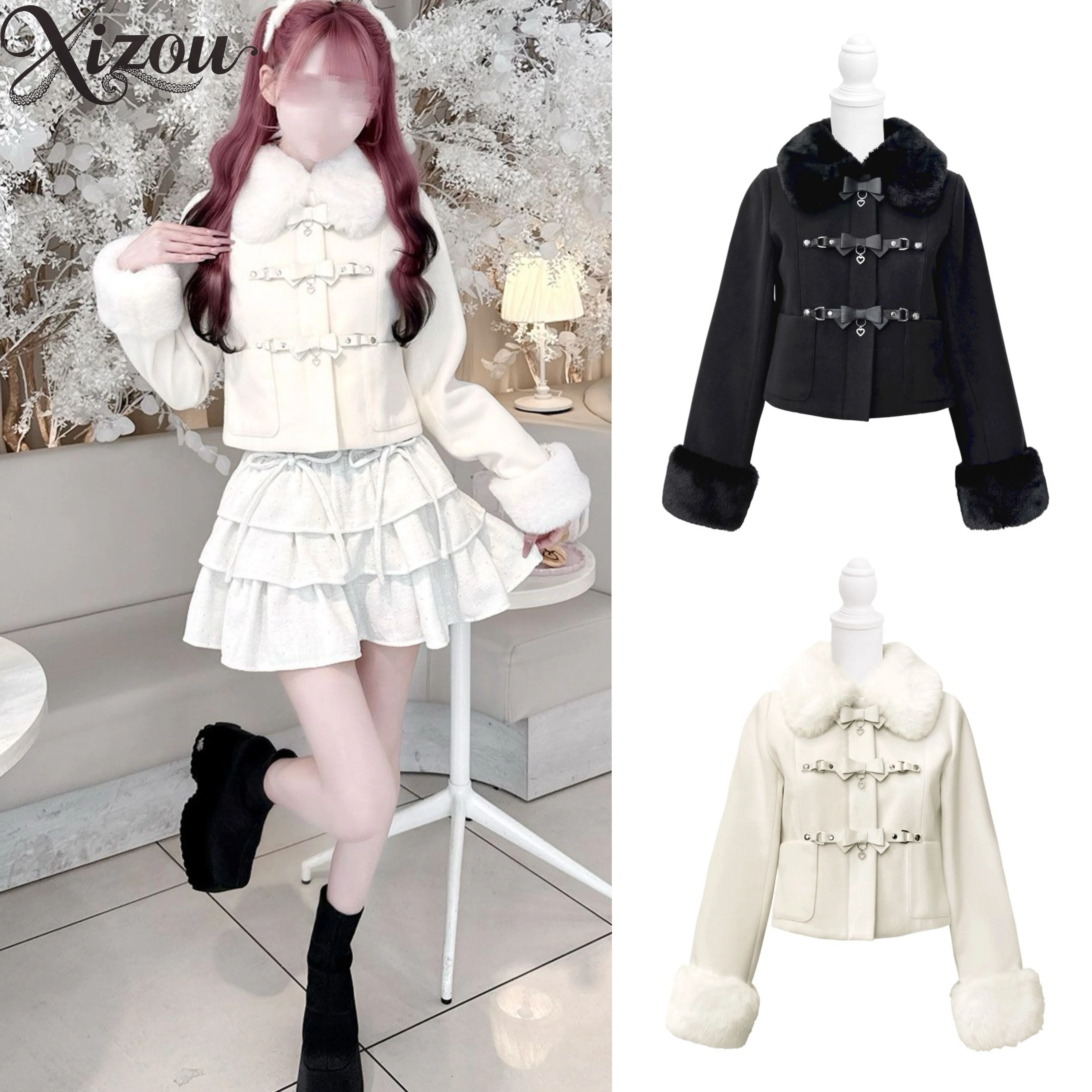 

Lolita Style Fur Collar Short Coat Autumn Winter Warm Jackets Bow Metal Buckle Fleece-Lined Jacket for Women Elegant Coats