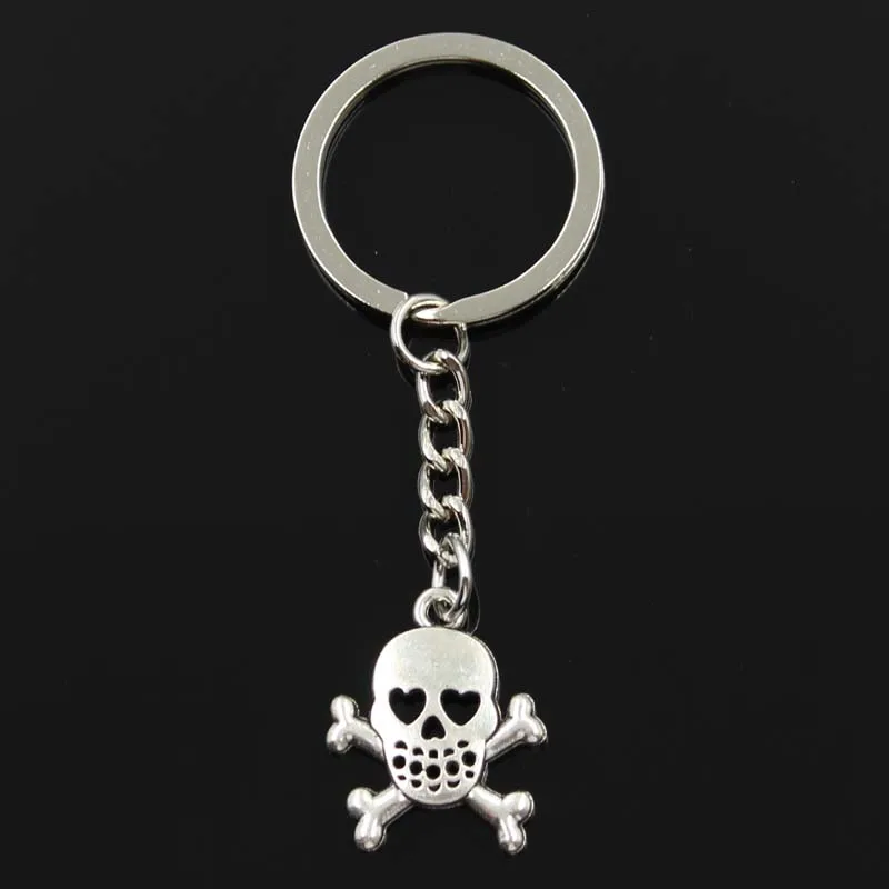 New Fashion Keychain 25x21mm Skull Skeleton Bone Dangerous Sign Pendants DIY Men Silver Color Car Key Chain Ring Holder For Gift