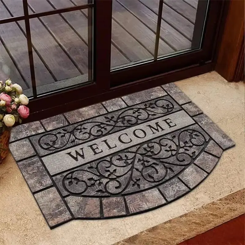 VIKAMA Vintage Scroll Pattern Semi-Circle Doormat Anti-slip Easy-to-Clean Front Door Mat Entryway Small Carpet Home Decoration
