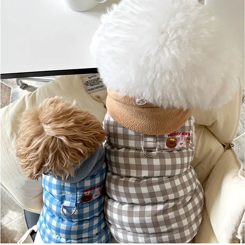 Ropa para mascotas a cuadros marrones, abrigo para perros de otoño/invierno, chaqueta de plumón gruesa de peluche, Sudadera con capucha cálida para perros pequeños