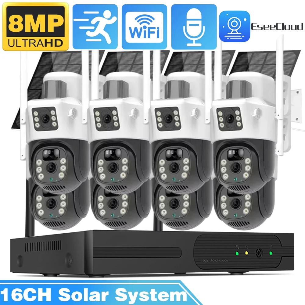 

16CH NVR 8MP Wireless Dual Lens Solar PTZ Camera Security System CCTV Video Surveillance Kit NVR Indoor Outdoor Two-Way Audio