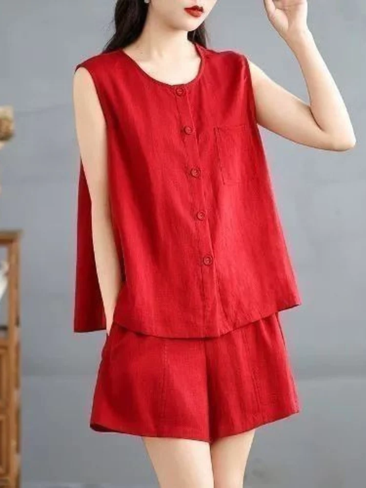 

Summer Women's Linen Casual Two-Piece Set Sleeveless Top And Shorts Breathable Comfortable High Waist Cotton Linen Pants
