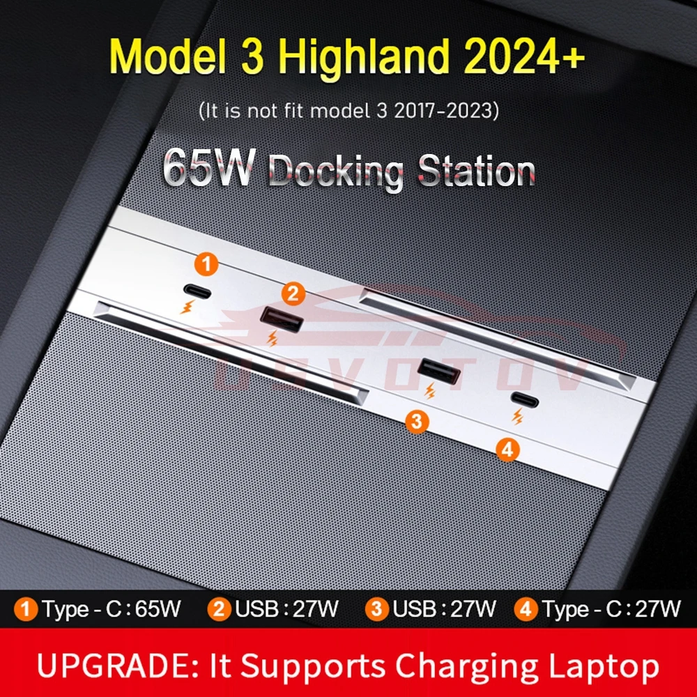 For Tesla Model 3 Highland 2024 65W Expansion Dock Central Control Charging Shunt USB HUB Accessories Extender Fast Intelligent