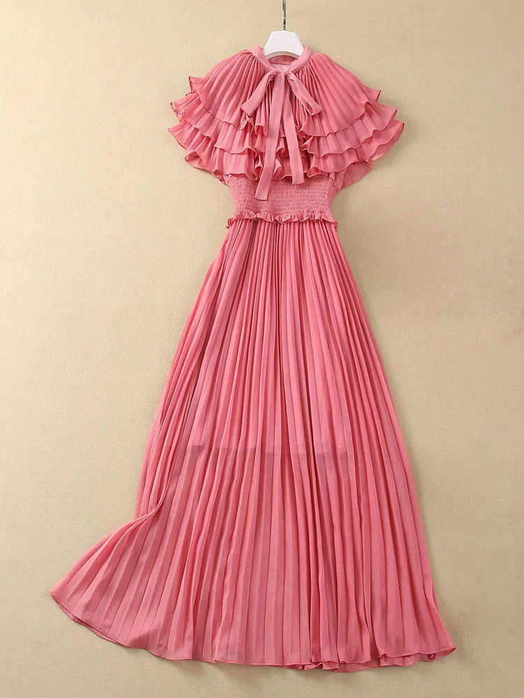 2024 latest design fashionable scarf collar ruffled princess style pleated elastic waist dress