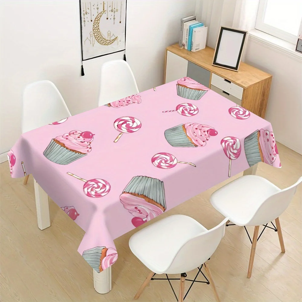 Sweet Cupcake Tablecloth, Pink Base With Lovely Dessert Graphics, Rectangular Table Cover for Candy Shop & Princess Room Decor