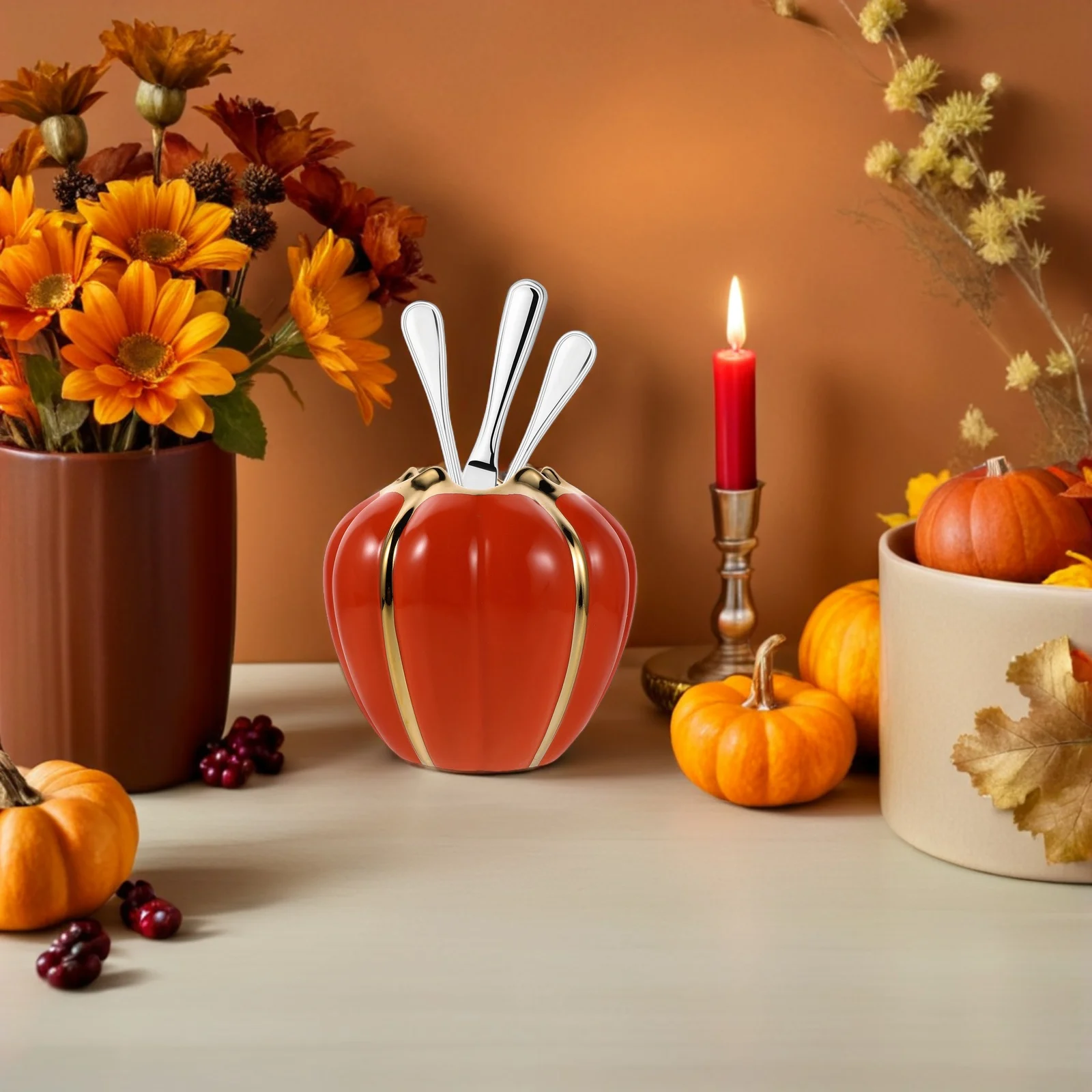 

Pumpkin Utensil Holder Vintage Ceramic Fall Thanksgiving Flatware Organizer Pumpkin Storage Jar Table Centerpiece Holiday