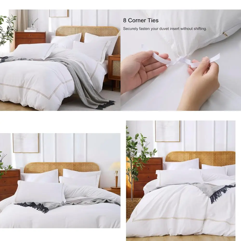 

Luxurious 100% Cotton Embroidered Duvet Cover Set, 3-Piece Satin Stripe Bedding in White & Gold, Queen Size