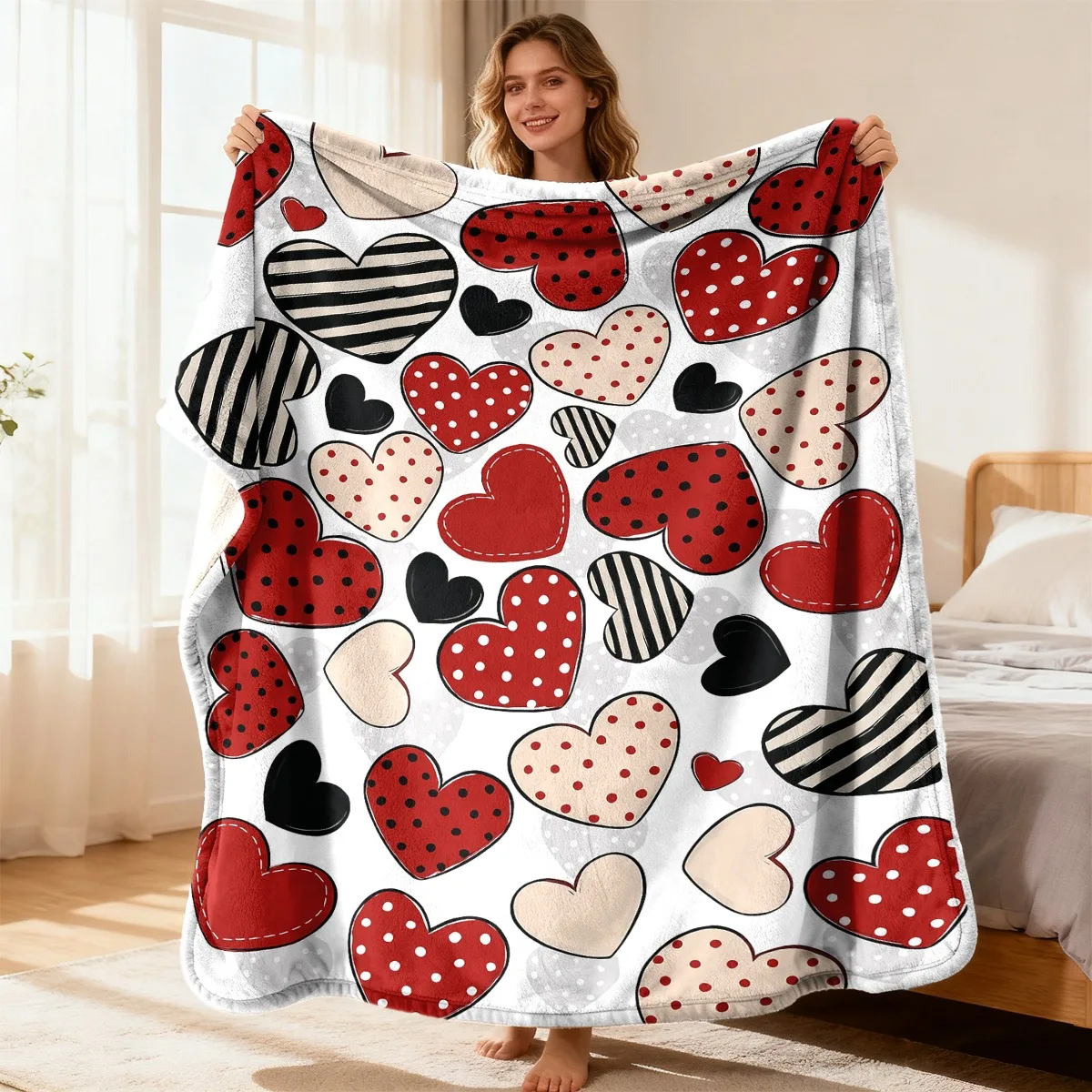 

1 шт. Фланелевое одеяло в студенческом стиле, подарок на День святого Валентина | Мягкая и теплая ткань, цифровая печать с рисунком в виде сердечек и горошка, а также...