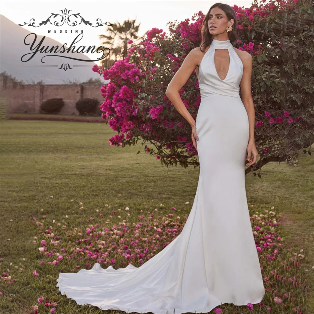

YunShang Customized Halter Simple Mermaid Wedding Dress Sweep Train Backless Pearls Beading Morden Elegant Sleeveless Button New