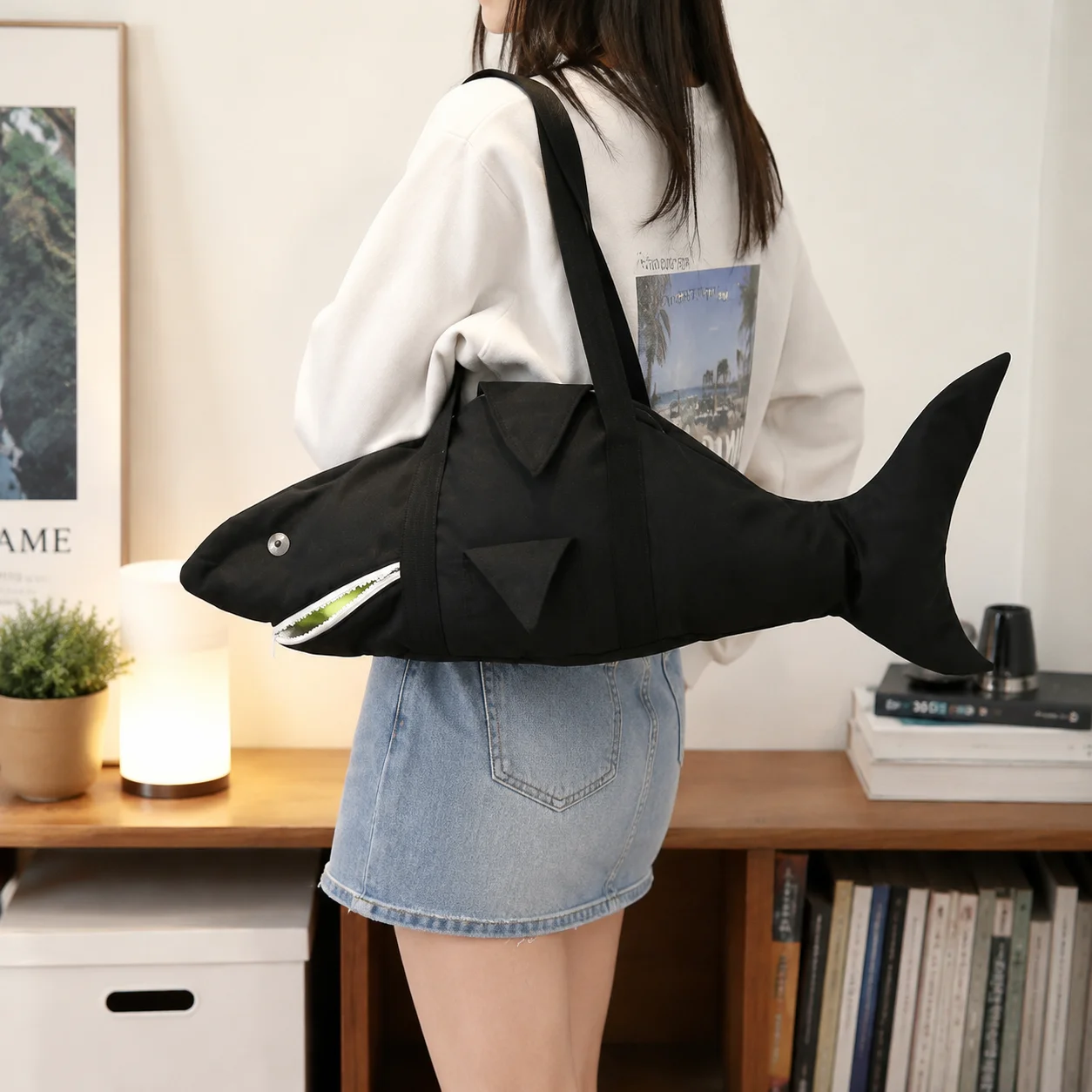 Multifunctional Tote Bag Portable Cute Shark Canvas Shoulder School Travel Handbag For Women Girls Teenagers Ins Style Casual