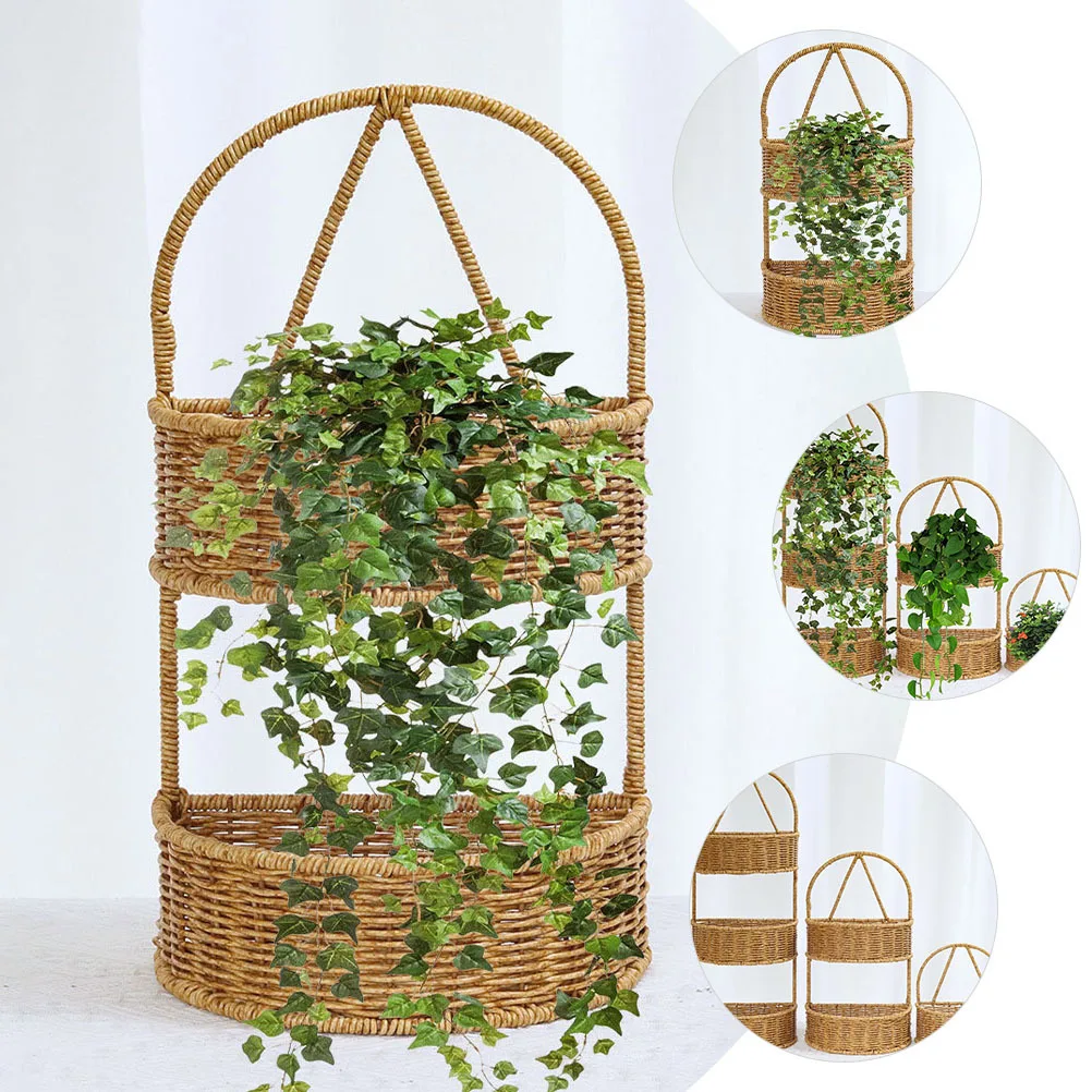 

Imitation Rattan Woven Wall Hanging Basket 2-Tier Organizer for Kitchen Bathroom Fruit Vegetable Storage Hanging Flower Basket