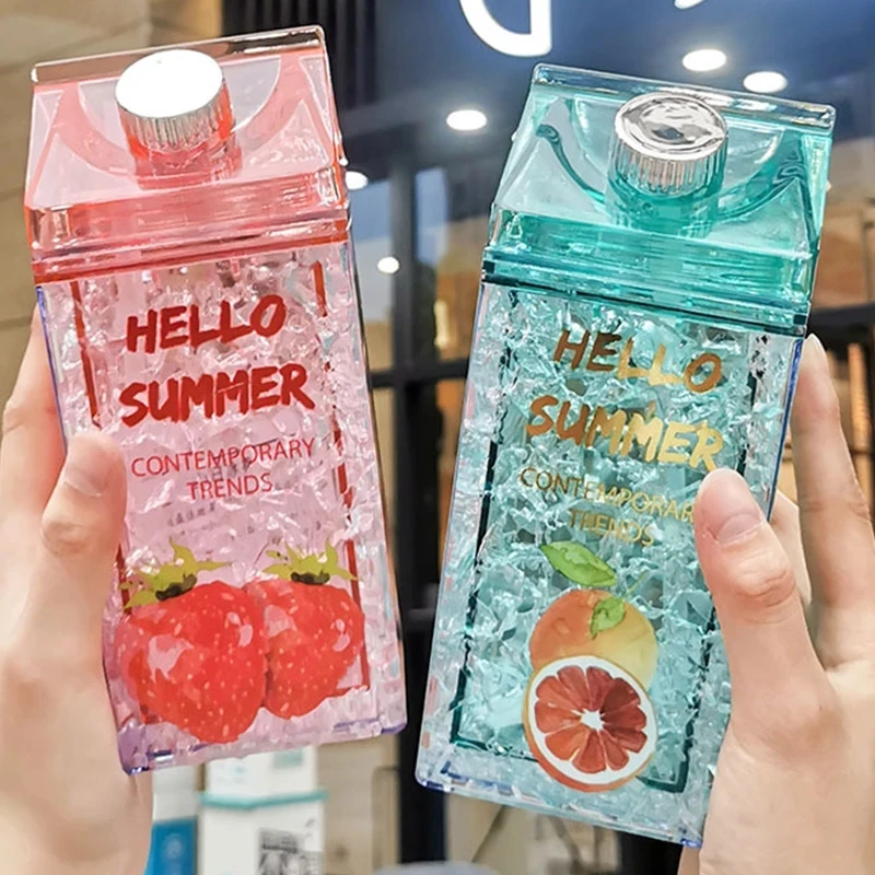 زجاجة مياه مربعة من القش كوب للمشروبات الباردة كوب شرب صيفي للطلاب في الهواء الطلق زجاجة مياه بلاستيكية ثلجية كوب للسيدات