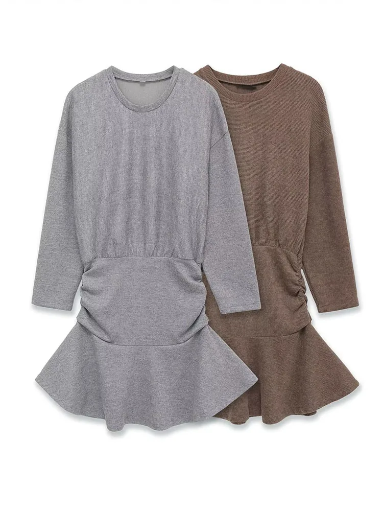 

HH Women's Spring New Fashion Crew Neck Solid Soft Belt Mini Dress Female Temperament Sexy Slim Long Sleeve 2-Color Casual Dress