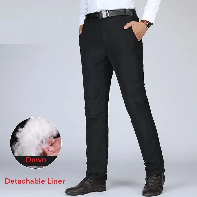 Pantalones de invierno para hombre, pantalones de negocios acolchados con forro desmontable, pantalones acolchados de plumón de pato blanco cálido para hombre, PT-139 negro informal