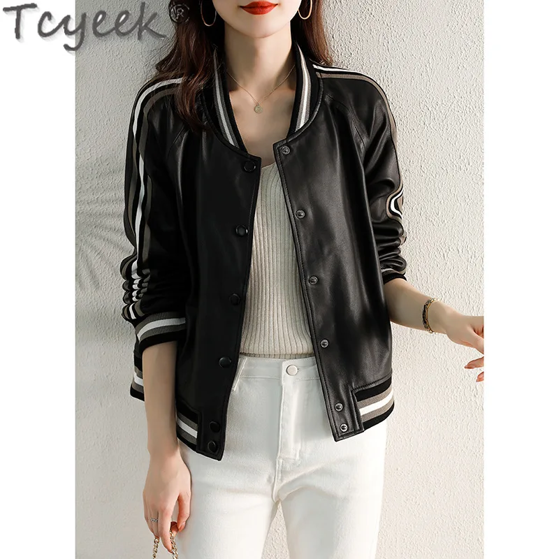 Tcyeek Real Leather Jacket Women Genuine Sheepskin Coat Spring Autumn Clothes 2024 Womens Leather Jackets Casual Baseball Coats