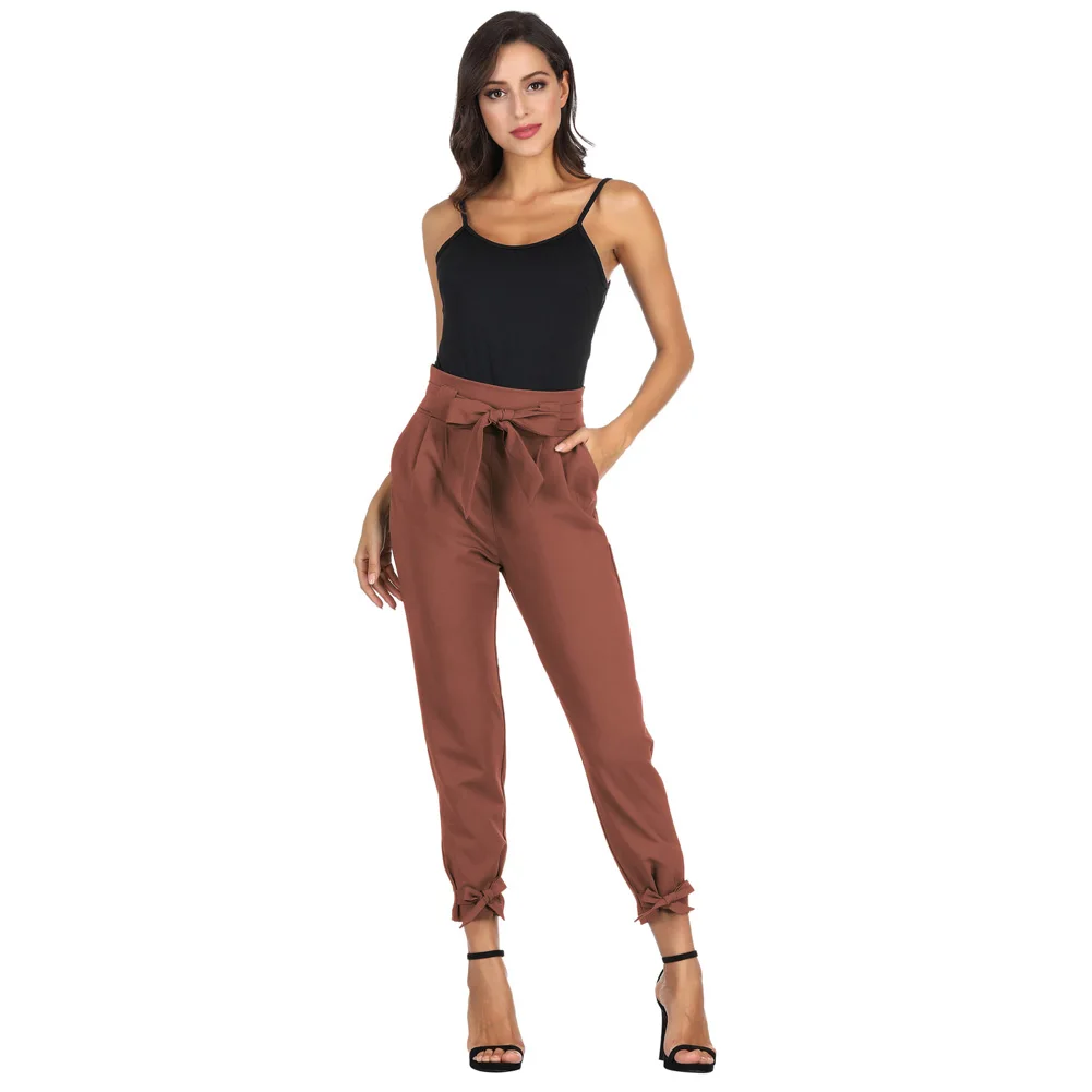 

Women Pencil Capri Pants With Bow-Knot Casual High Waist Belt Decorated Trouser OL Ladies Cropped Length Pant Summer Cool