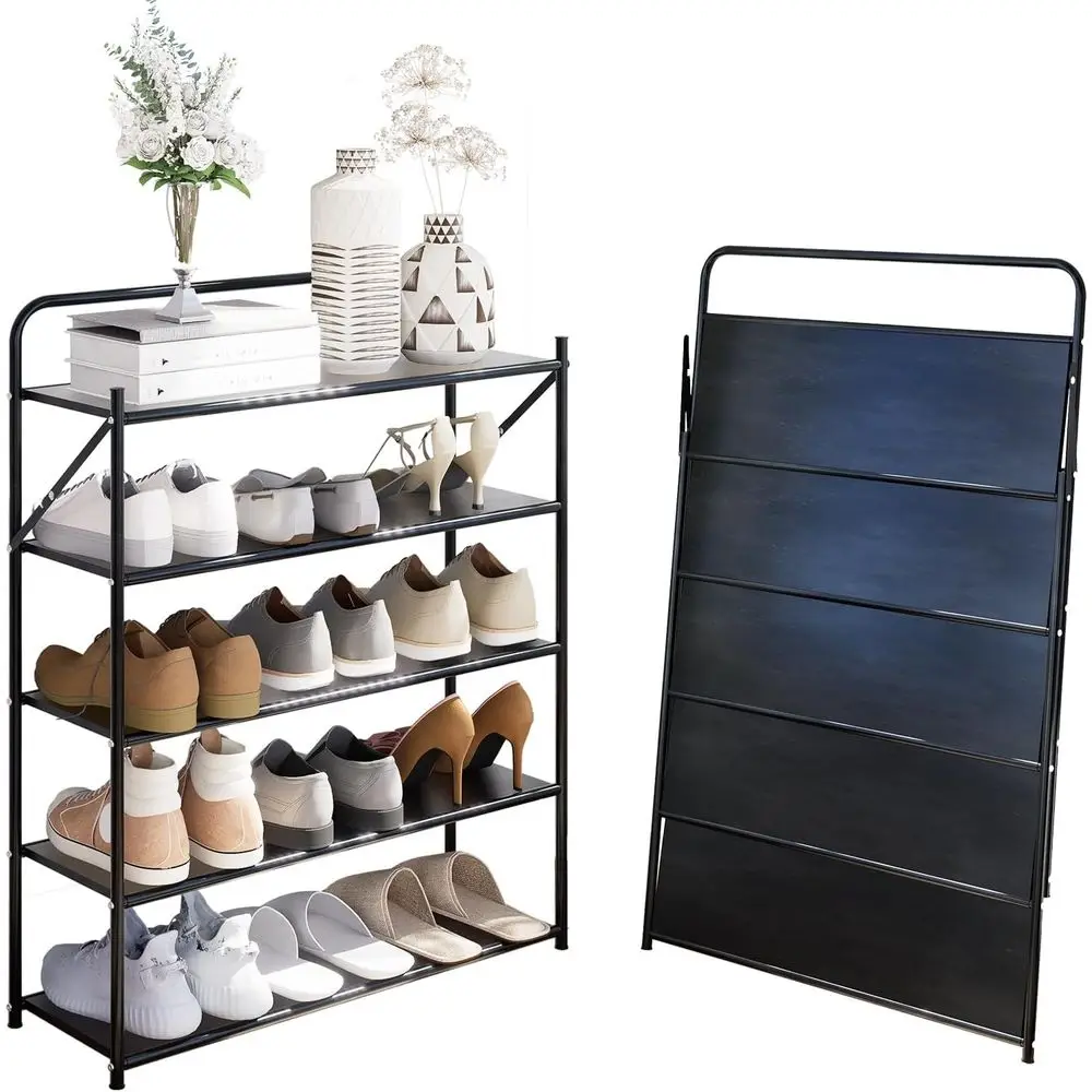 

5 Tier No-Assembly Shoe Rack, oldable Shoes Rack Organizer Without Installation, Portable Solid Metal Shoe Shelves or Closet, En