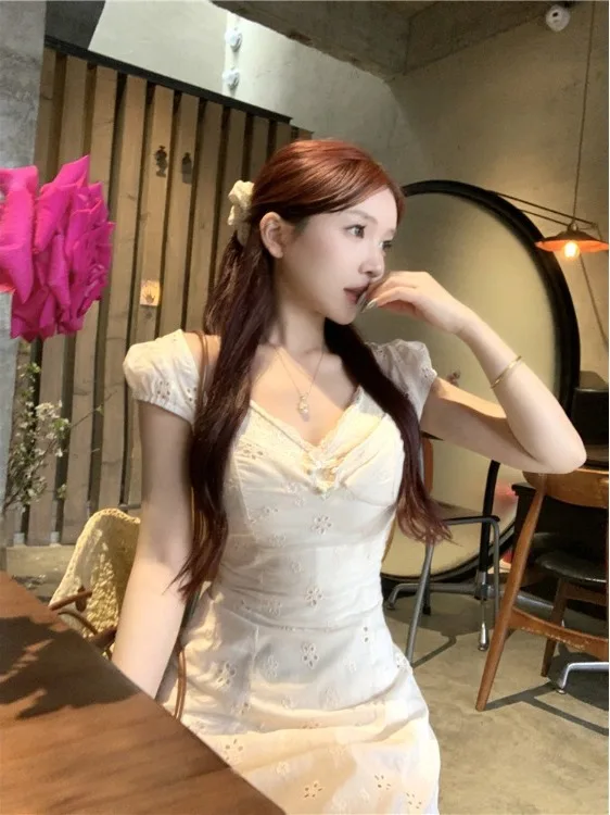 

2026 Spring Summer Embroidered Floral Dress with Knot Strap Women's Lace Patchwork Waist Cinching Outfit Trendy Skirt