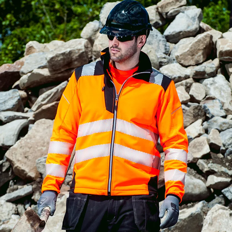 Hi Vis Softshell เสื้อสะท้อนแสงกันน้ำซิปเสื้อทำงานกลางแจ้งความปลอดภัย Breathable Windproof Workwear