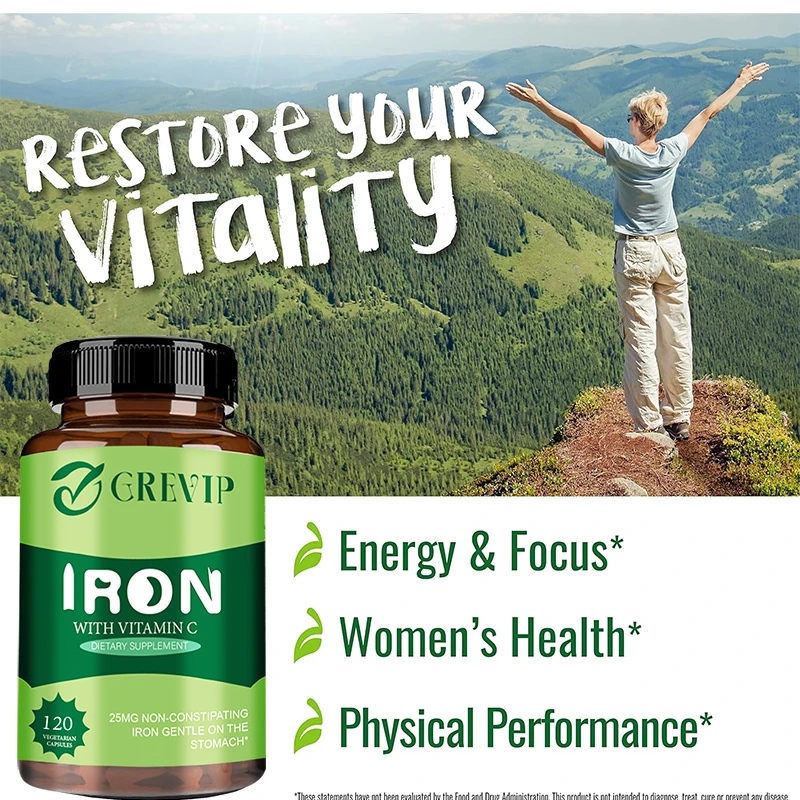 Vegan Iron Supplement with Vitamin C - Increases Energy and Reduces Fatigue, Relieves Anemia