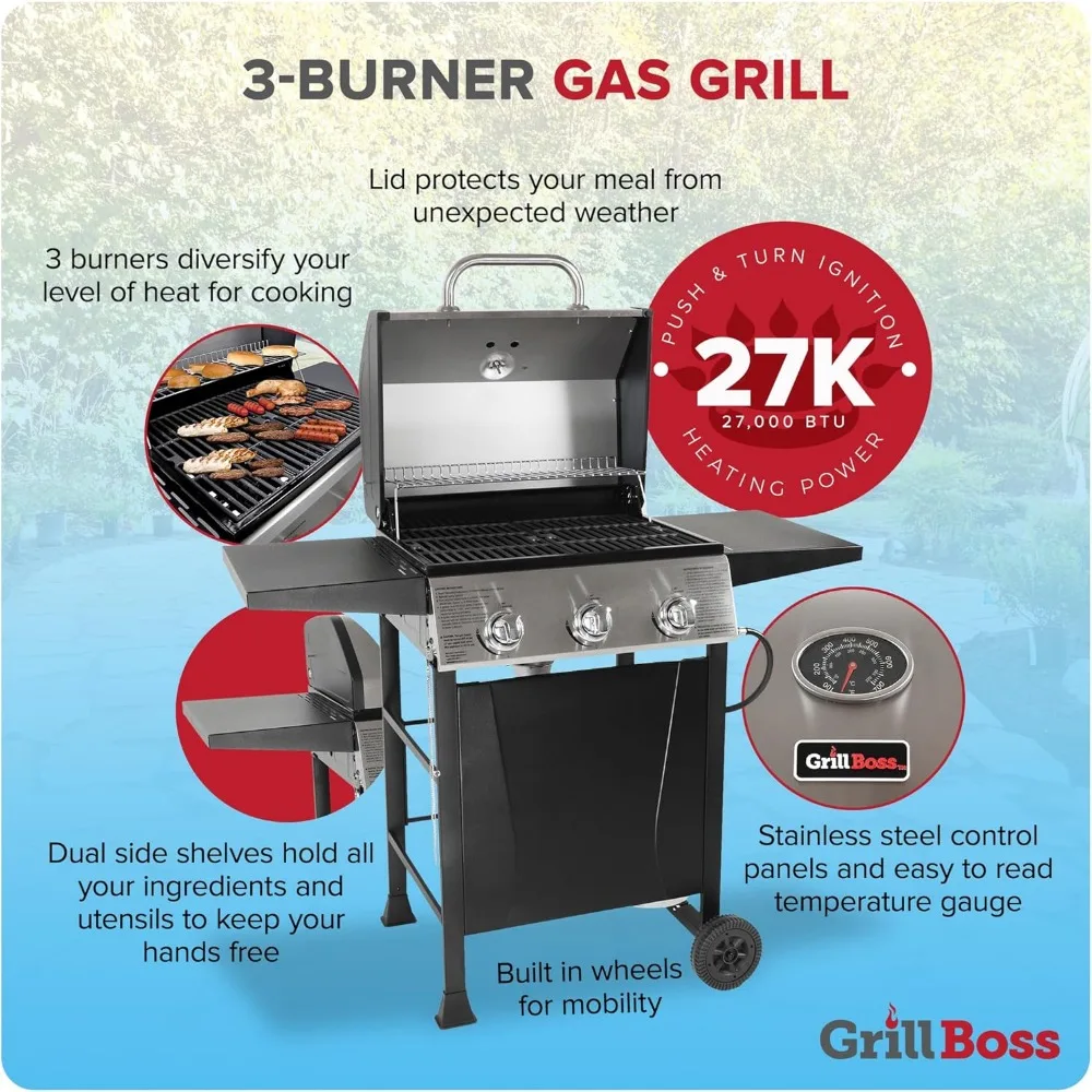 Grill Boss Outdoor BBQ Propane Gas Grill for Barbecue Cooking with Side Burner, Lid, Wheels, Shelves and Bottle Opener, 3