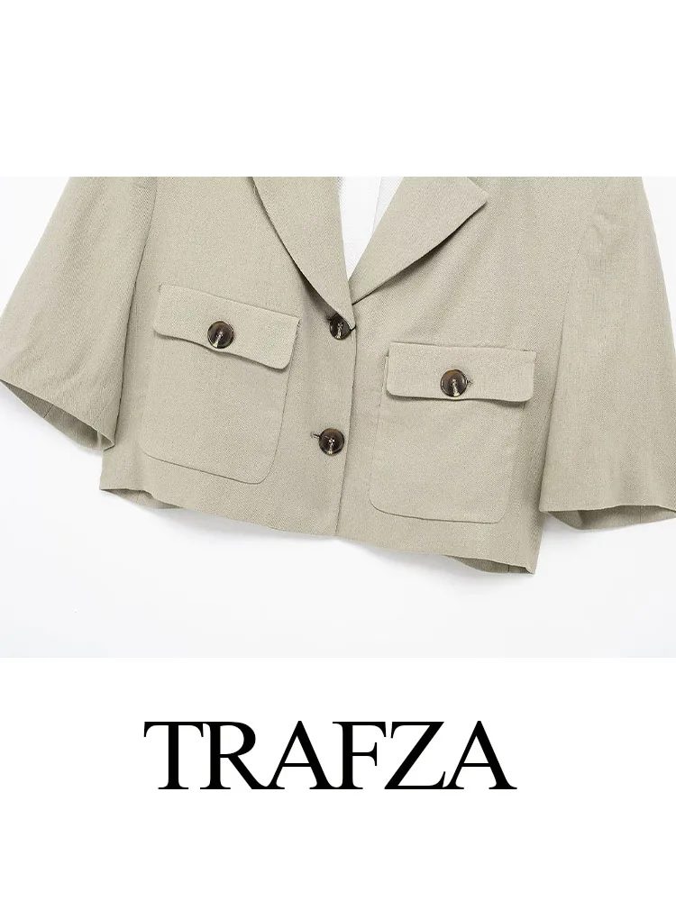 TRAFZA-Veste Élégante à Manches Courtes pour Femme, Poches, Simple Boutonnage, High Street, Automne