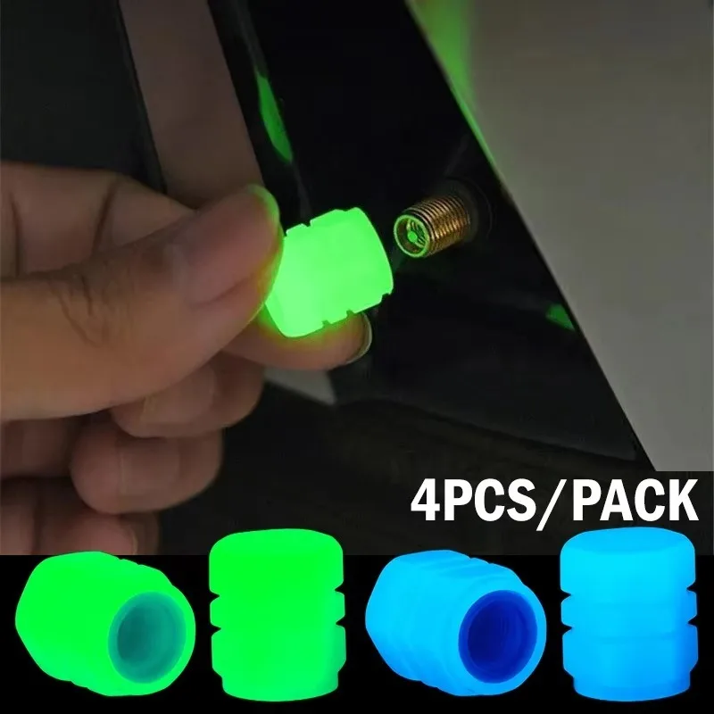 4PCS Luminous Tire Valve Caps Motorcycle Bike Wheel Nozzle Dustproof Tyre Valve Stem Fluorescent Night Glowing Car Accessories