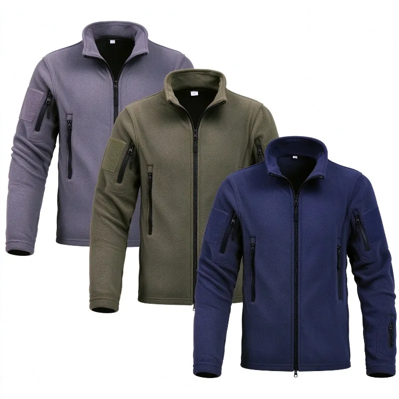Winter Men Tactical Fleece Jacket Stand Collar Full Zipper Multi Zipper Pockets Warm Coat for Hiking Camping Outdoor Sports Coat