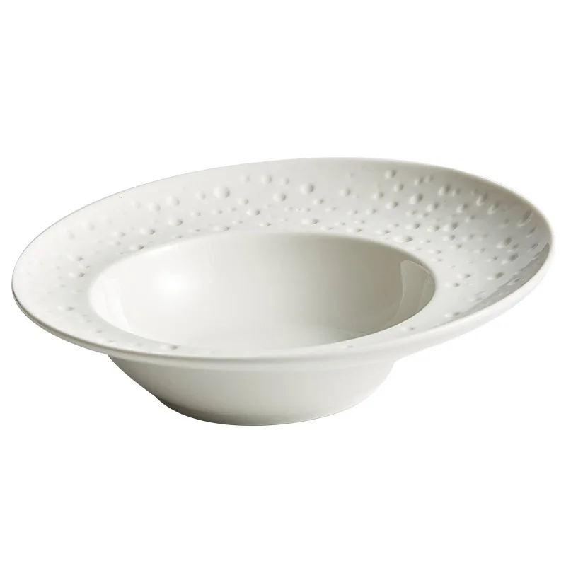 Creative White Ceramic Deep Plate Salad Pasta Bowl Hotel Cutlery Lid Round Soup Plate Cooking Dishes Kitchen Utensils Porcelain