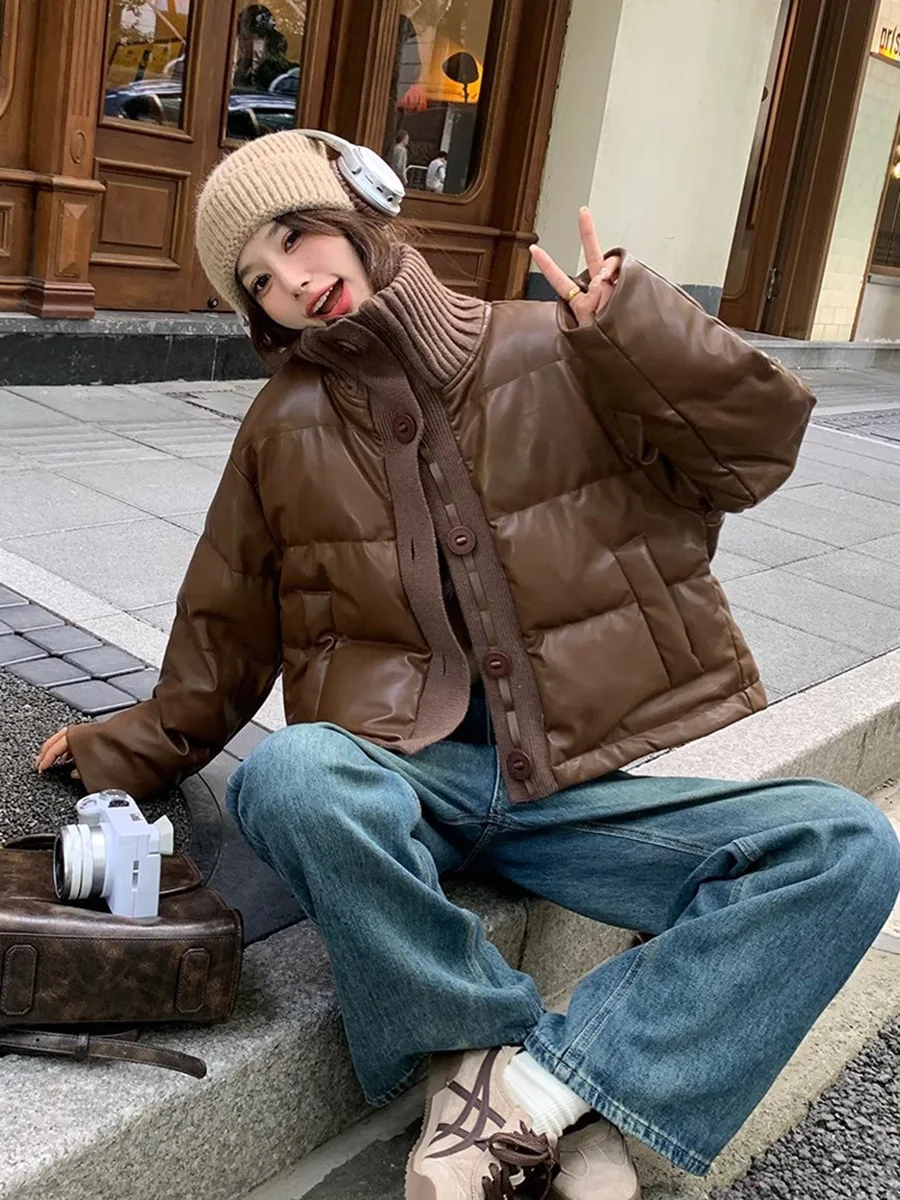 

Winter Women's PU Down Jacket High Neck Knitted Spliced Leather Puff Coat American Fashion High Street Warm Thicken Overcoat