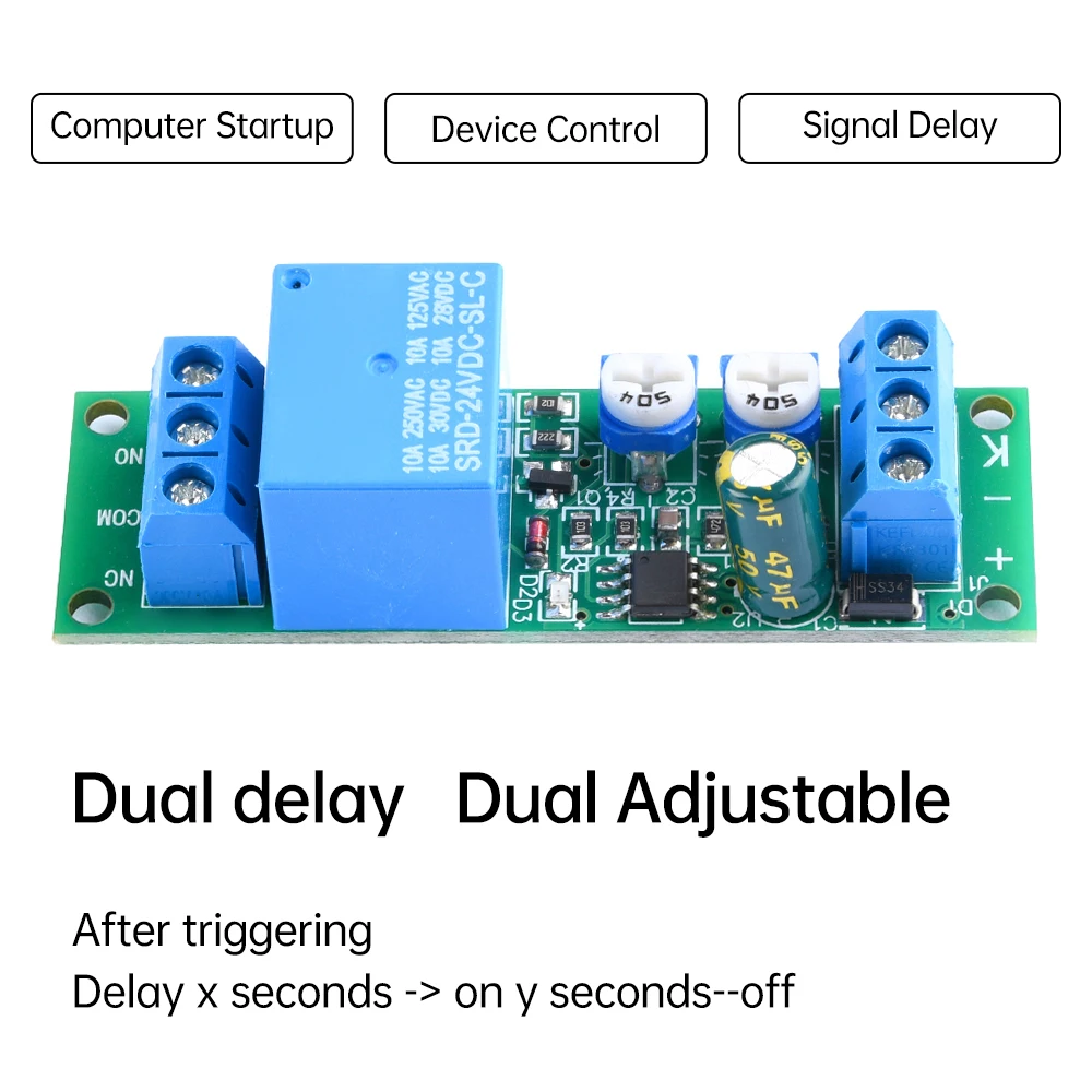 DC 5V, 12V, 24V Dual-Delay Relay Module, with Two Adjustable Settings for Delayed Activation and Delayed Deactivation