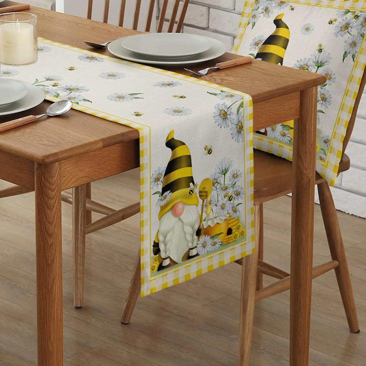 Spring Bee Gnomes Yellow Plaid Linen Table Runner Holiday Party Decor Farmhouse Kitchen Dining Table Runner Wedding Decorations