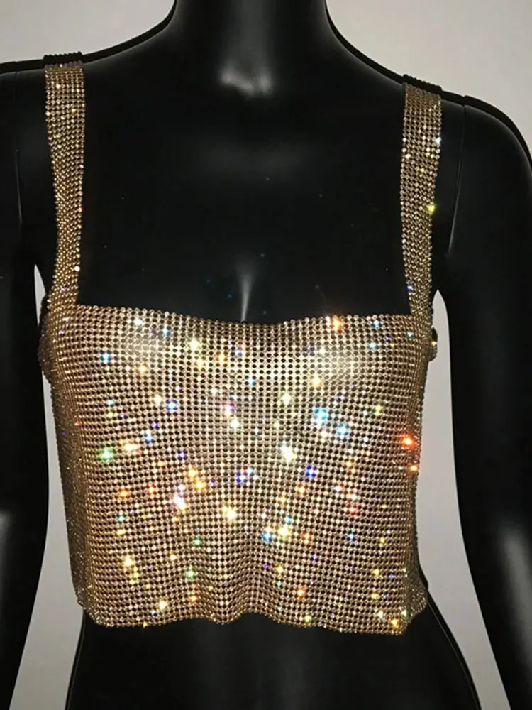 Top cropped com strass para mulheres, camisola monocromática com diamantes e lantejoulas completos, alças sem costas na moda para festa, 2020