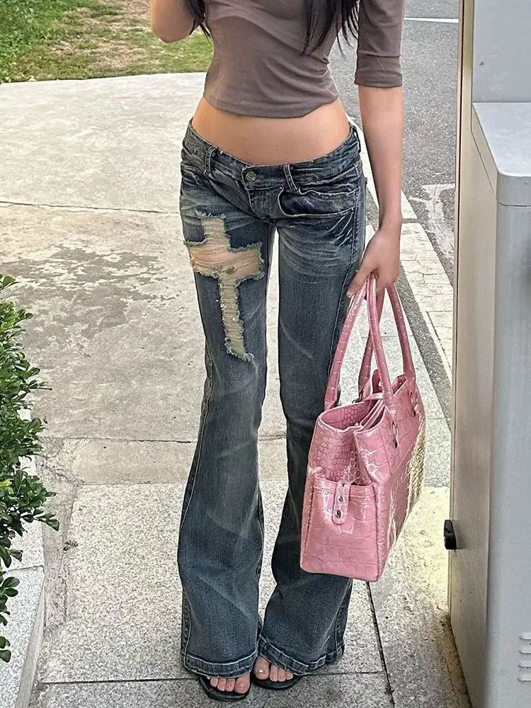 

Design Sense Flare Jeans Hollow Cross Ripped Denim American Style Distressed Hot Girl Y2K Street Fashion Trousers