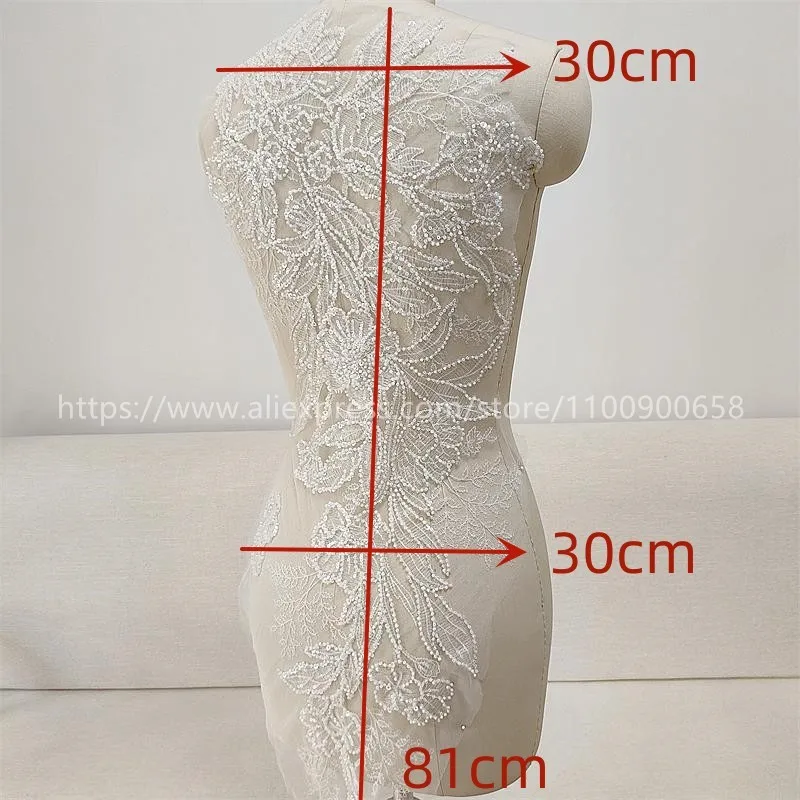 Fish Silk Thread Beaded Sequin Lace Flower Patch,DIY Wedding Dresses, Front Chest and Back Lace Applique,Premium Products, 81x3