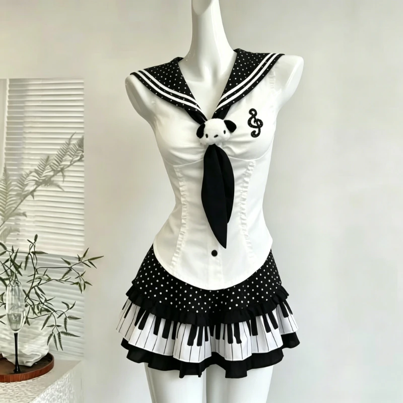 

Summer Casual Sweet 2 Piece Set Women Sailor Collar Polka Dot Design Mini Skirt Suit Female Korean Preppy Style Outfits Vintage
