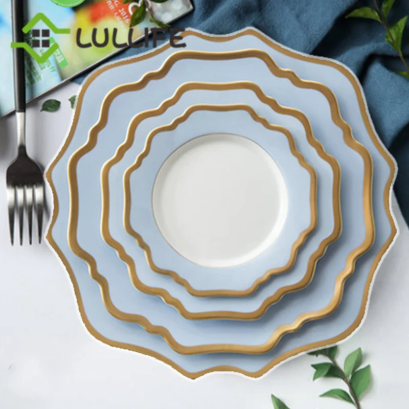 

China Bone Dinner Set Plates and Dishes Luxury Gold Inlay Dinner Plate Flower Charger Plate for Home Party Wedding Dinnerware