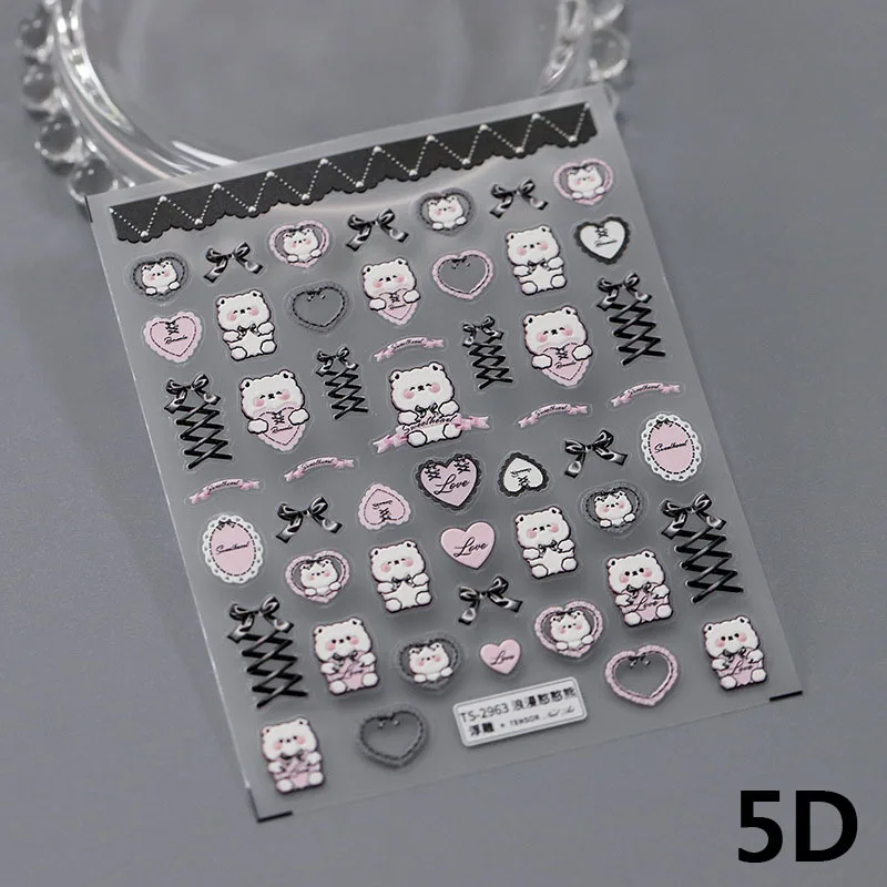 Autocollants 3D en dentelle rose pour Nail Art, décalcomanies avec nœud papillon, cœur d'amour, petit ours mignon, sous-vêtements de Charleroi en relief doux, 5D