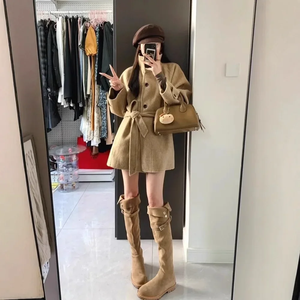 

Korean Fashion Polyester Fiber Loose Fit Big Coat Female Outerwear Khaki Woolen Coat Women's Autumn Winter Short Style