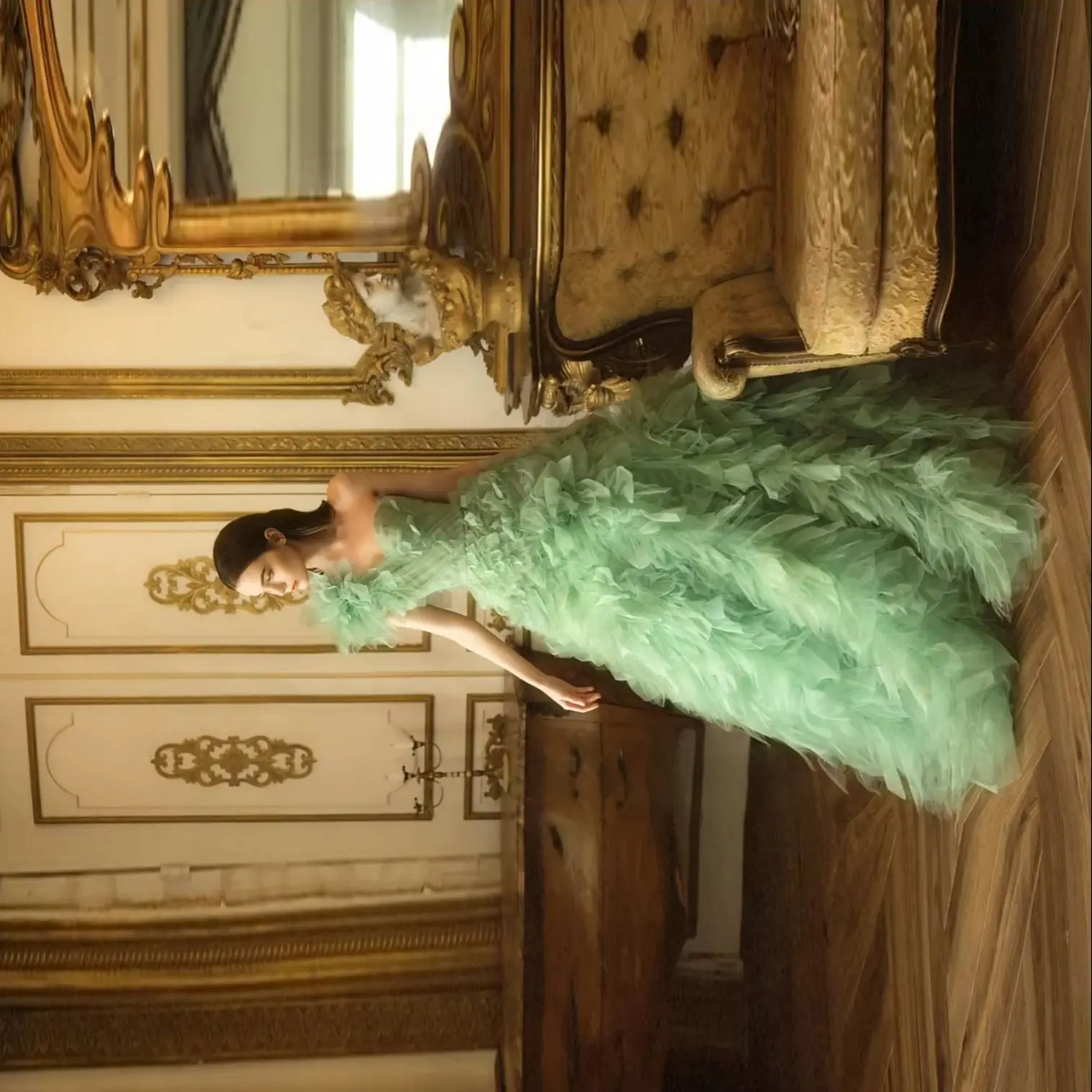 

Luxury 3D Floral Women Prom Gowns Layered Party Dress Mint Tulle Dresses Sleeveless Ruffle