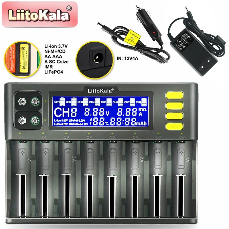 

LiitoKala Lii-S8 LCD 18650 Li-ion 3.7V NiMH 1.2V Li-FePO4 3.2V IMR 3.8V For 26650 21700 26700 18350 AA AAA 9V Battery Charger