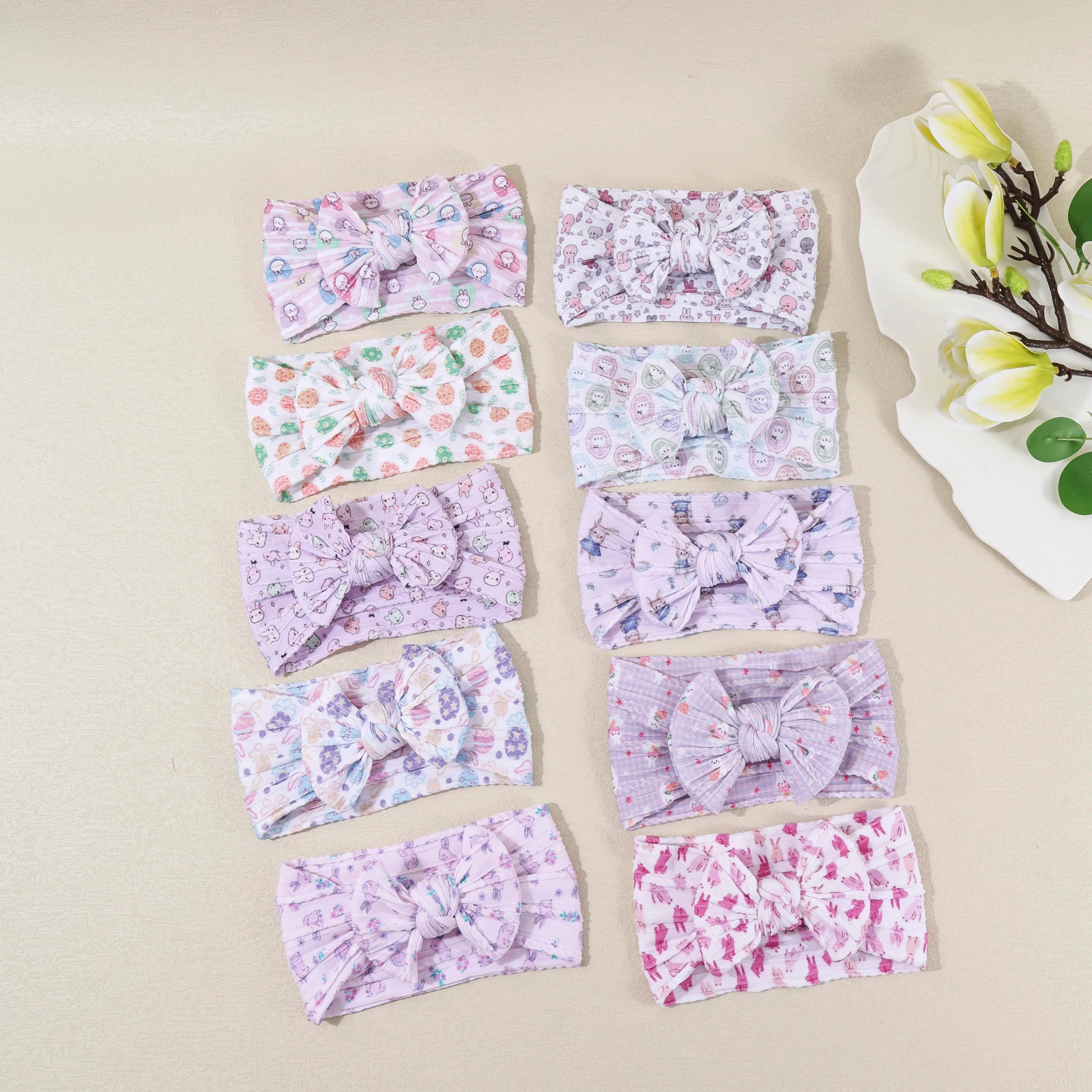 20pc Cartoon Pink Bunny Ear Headbands Nylon Cable Knit Turban Easter Egg Print Baby Headwear Kids Girls Easter Day Accessories