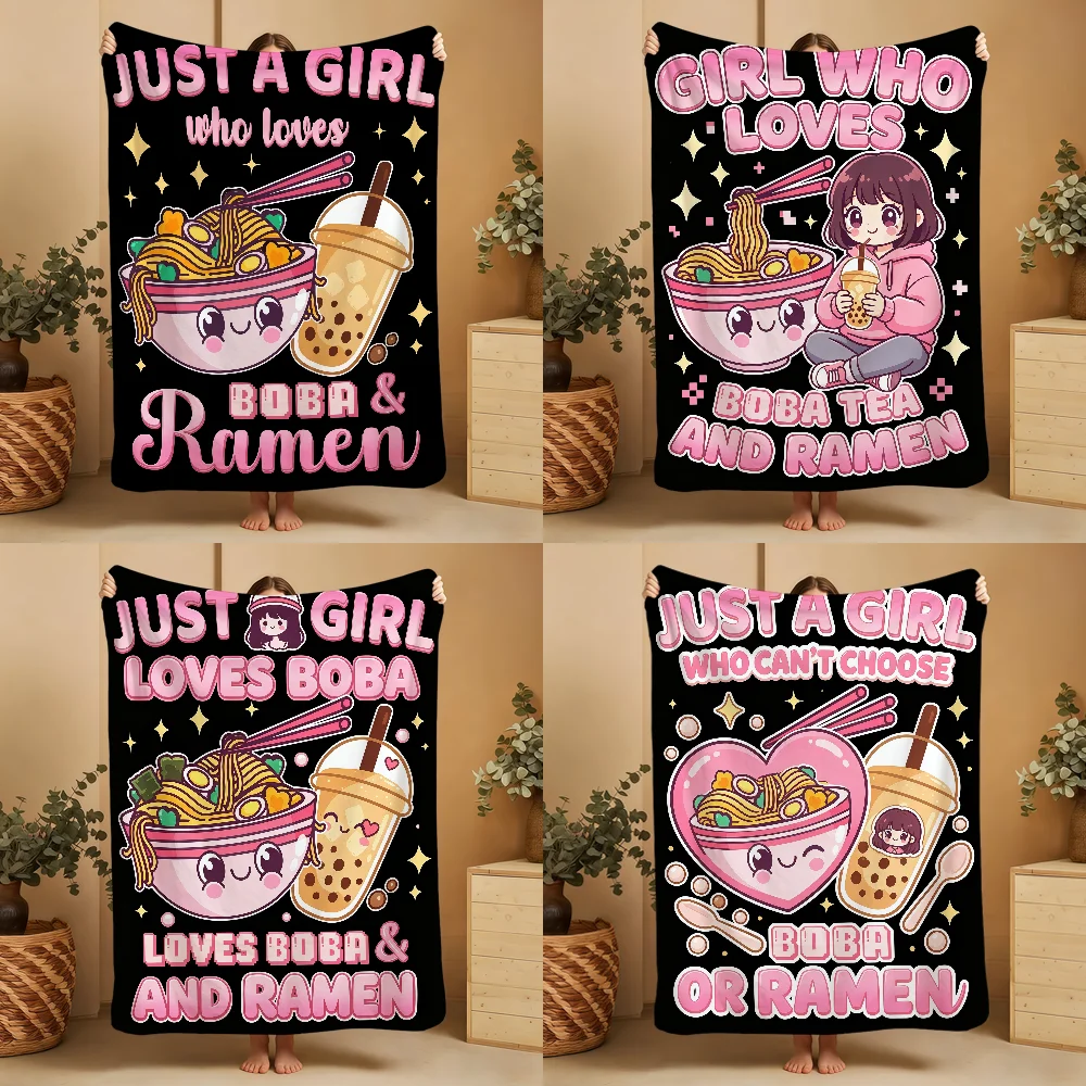 Cartoon Girl Bubble Tea Ramen Blanket Soft Printed Flannel Warm Cozy Nap Bed Sofa Travel Camping Season Gift Adults Kids