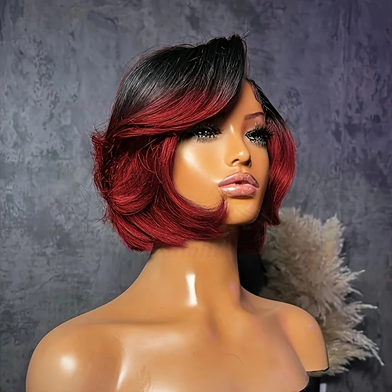 OmbreT1B/99J Short Pixie Cut malaysianRemy Human Hair Wigs To Wear Glueless Straight Hair Perruques Bob Court Cheveux Humains