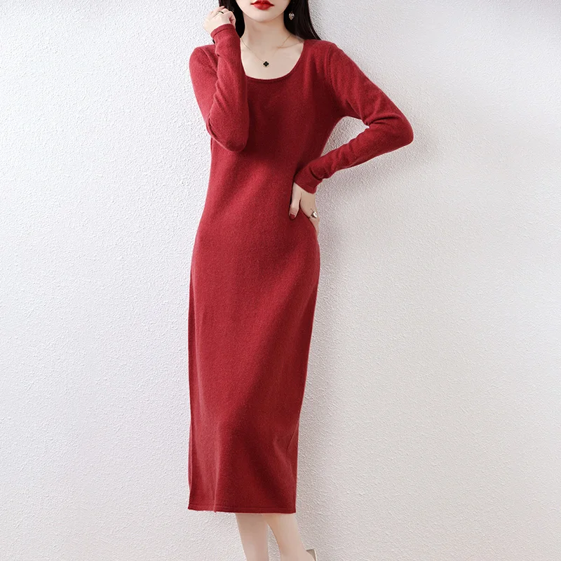 

Women's Knitted U-Neck Long Style Dresses, 100% Wool, Female Jumpers, Winter and Autumn Clothing, New Arrival, 2023,SY01