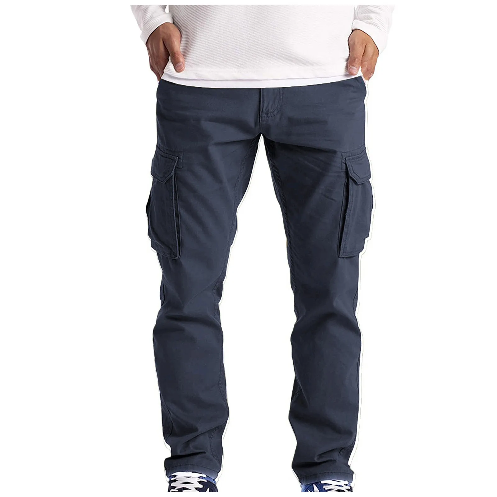 Men'S New Solid Color Cargo Pants Multi-Pocket Elastic Waist Long Casual Pants Men'S Loose Straight Leg All Match Pants