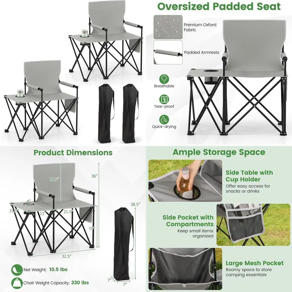

Portable Heavy-Duty Folding Camping Chair with Side Table, Storage, Cup Holder, Padded Arms, and Carry Bag for Outdoor Adventure