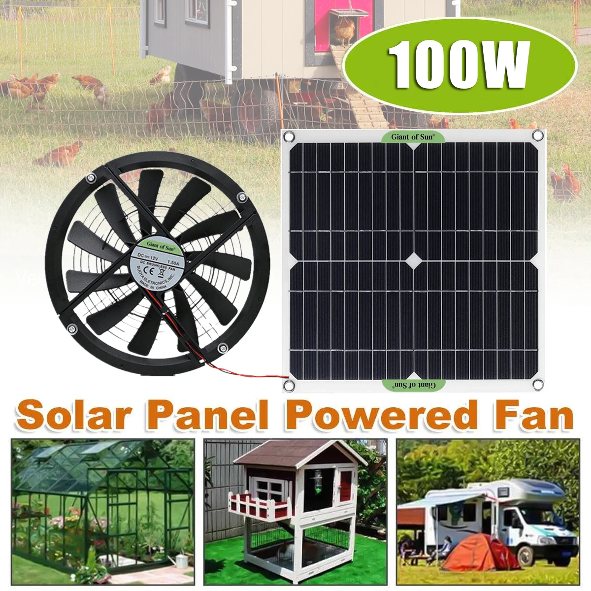 100W 6V Solar Exhaust Fan Air Extractor 10 Inch Mini Ventilator Fan Solar Power Supply for Dog Chicken Coop Greenhouse RV