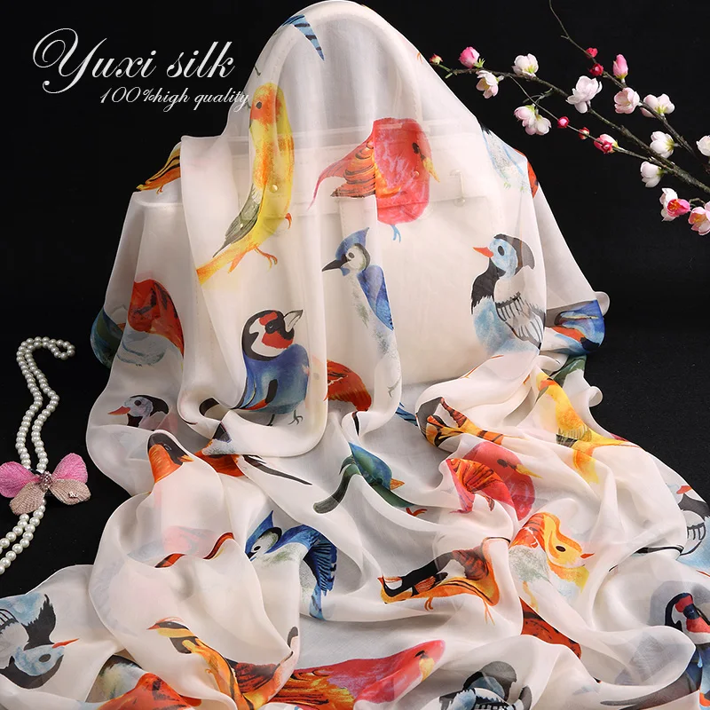 

High Quality Bird 100% Silk Long Scarf Shawl Women's Spring, Autumn and Winter Summer